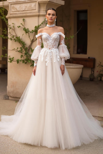 Ivory Off The Shoulder Sweep Train Tulle Wedding Dress With Sleeves